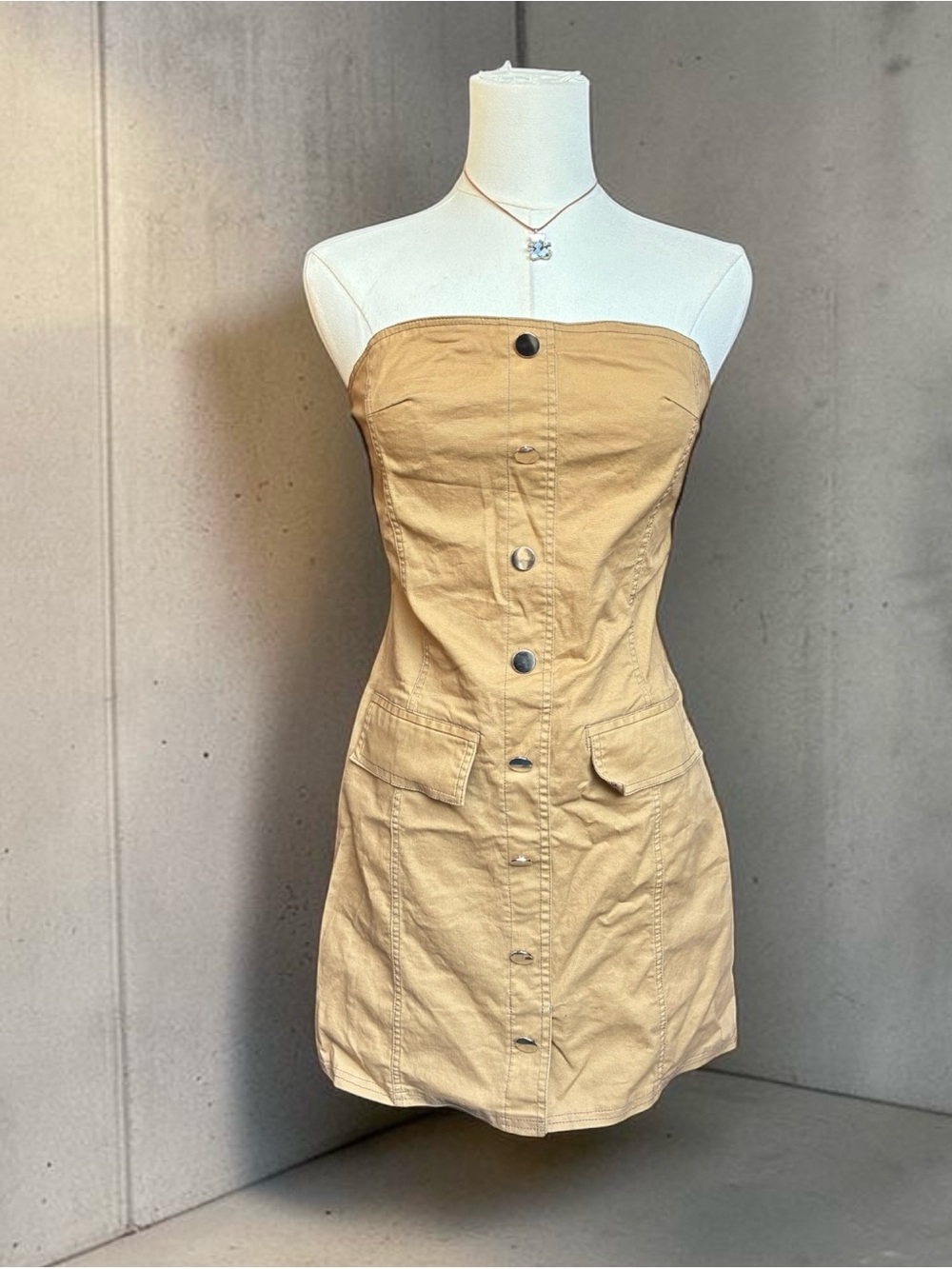 Strapless Button-Front Tan Mini Dress